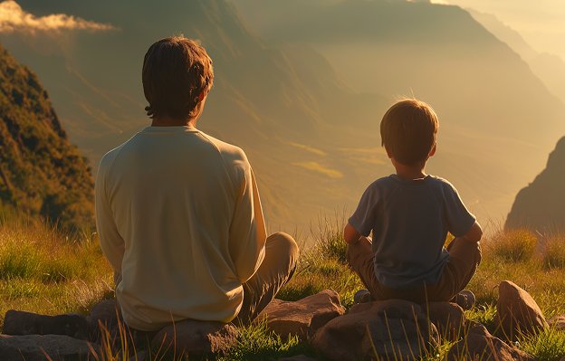 Father and son watching the sunrise over the mountains